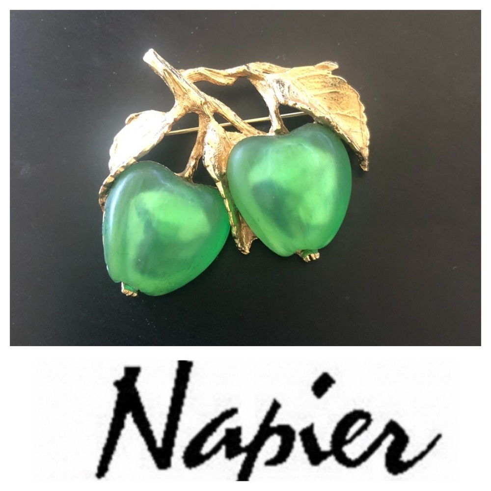Vintage Molded Glass Green Apple Brooch